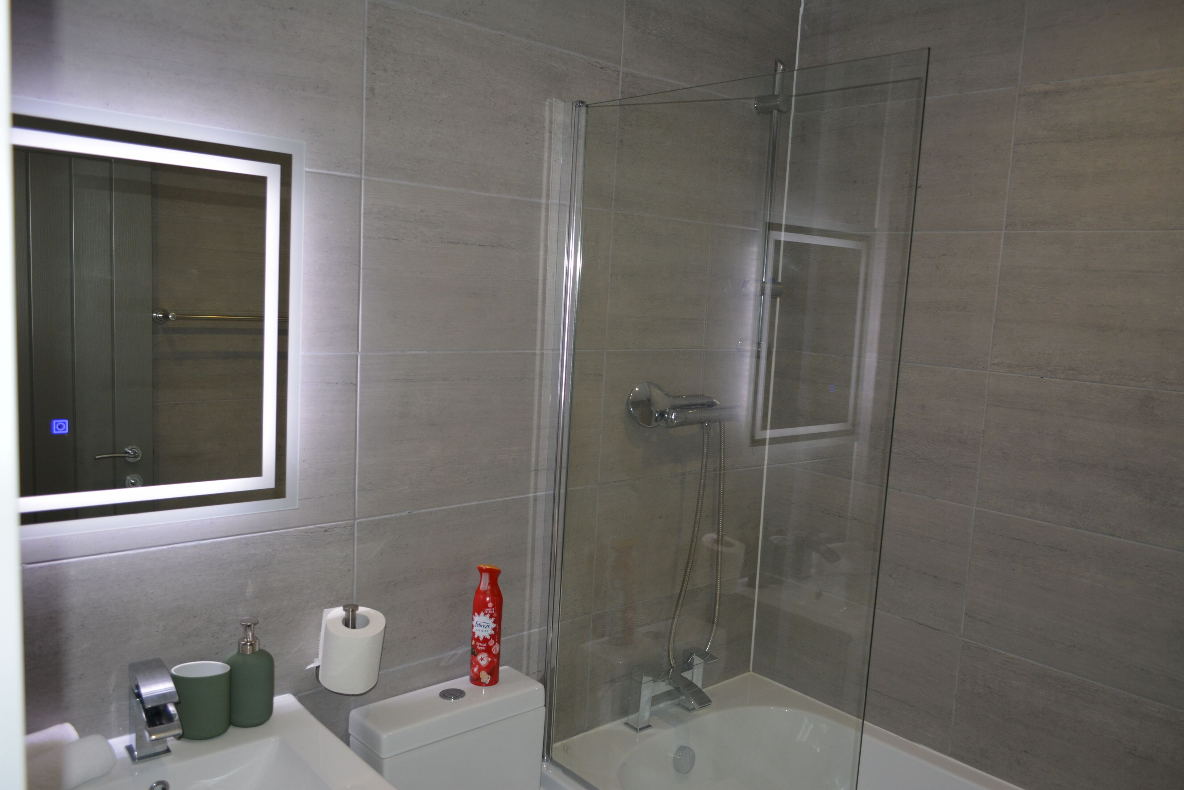 Combined shower/tub, hair dryer, towels, shampoo