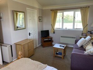 A room with a bed, a wooden cabinet, a TV, a small table, a sofa, and a window with curtains.