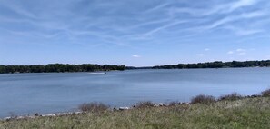 Un lago tranquilo con un bote a lo lejos, rodeado de árboles y un cielo despejado.
