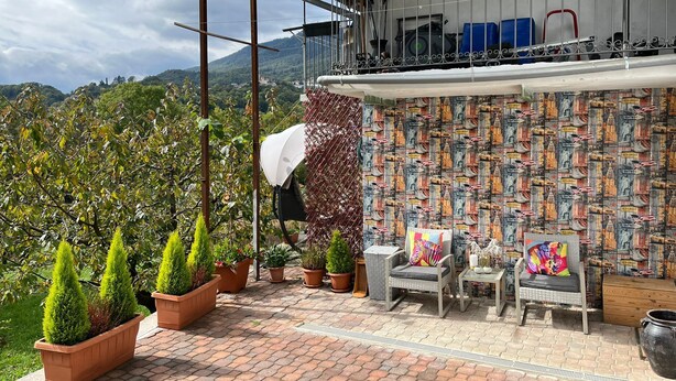 A balcony with potted plants, a patterned wall, and outdoor furniture. - Cosy, pet Friendly Apartment in Portula, Italy (Portula)