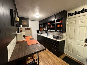 Fridge, microwave, coffee/tea maker, toaster