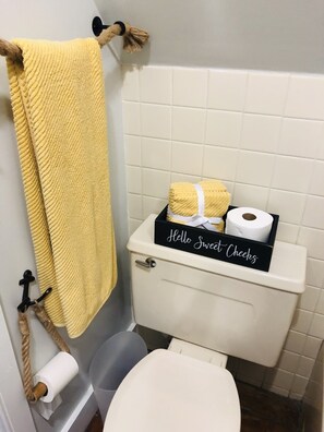 Combined shower/bathtub, hair dryer, towels, soap