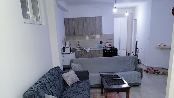 Una sala de estar con un sofá, una mesa de centro y un adorno decorativo.