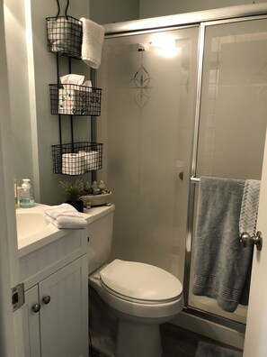 Secadora de cabello, toallas, jabón, shampoo 