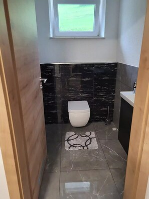 Combined shower/bathtub, hair dryer, towels, soap