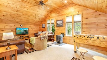 TV connectée, cheminée, lecteur de DVD, baby-foot