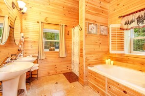 Combined shower/tub, hair dryer, towels, soap