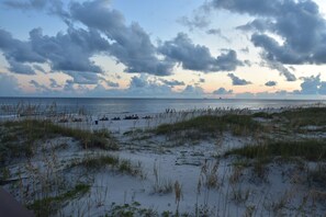 On the beach, sun-loungers