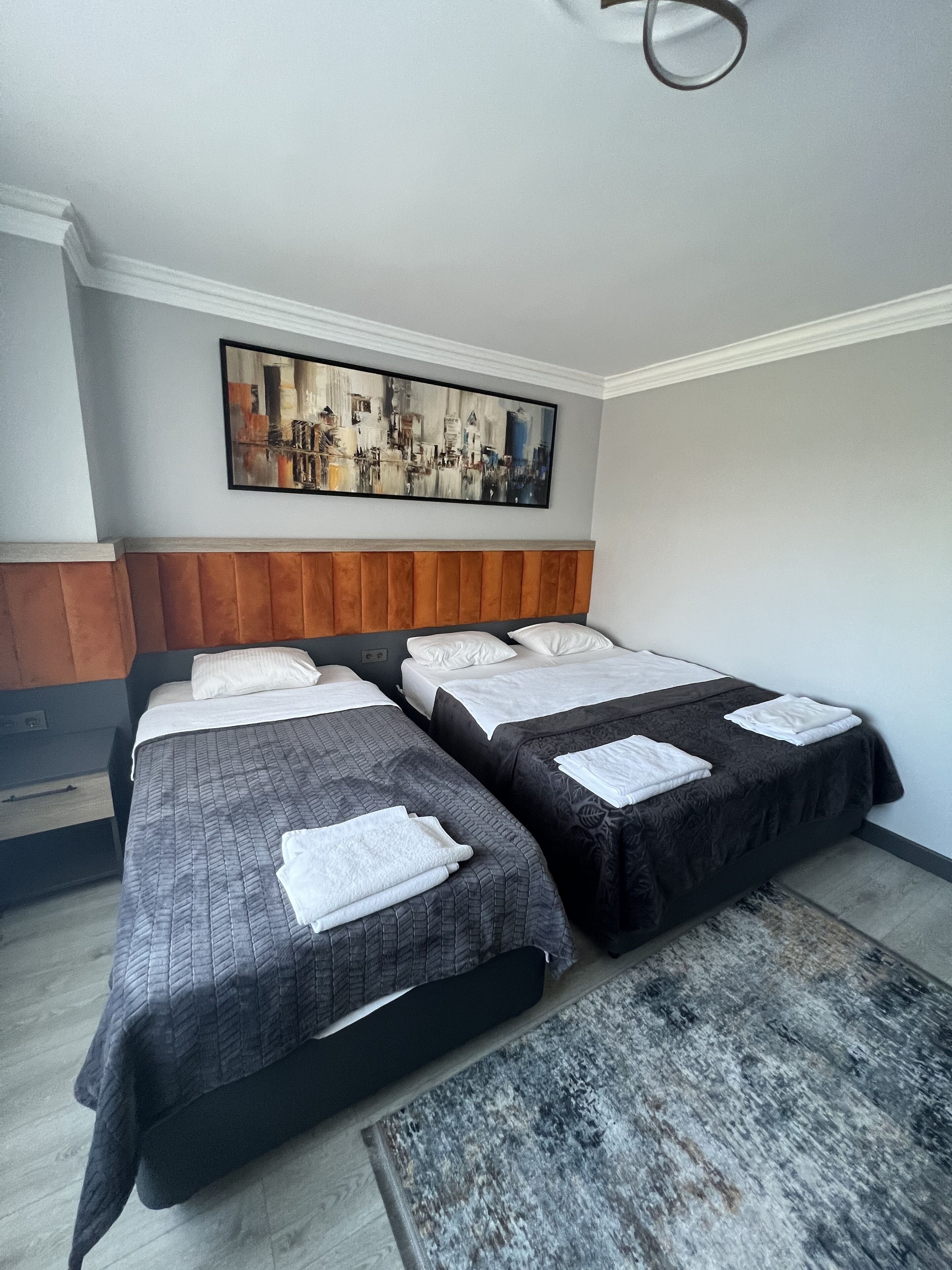 Una habitación de hotel con dos camas, un cabecero de madera, un cuadro con una vista urbana y una alfombra gris.