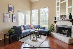 TV connectée, cheminée, jeux vidéo, livres