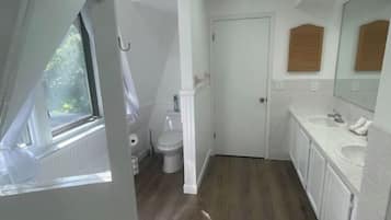Combined shower/bathtub, hair dryer, towels, soap