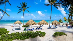 Une plage avec des parasols en chaume, des chaises longues et des palmiers.