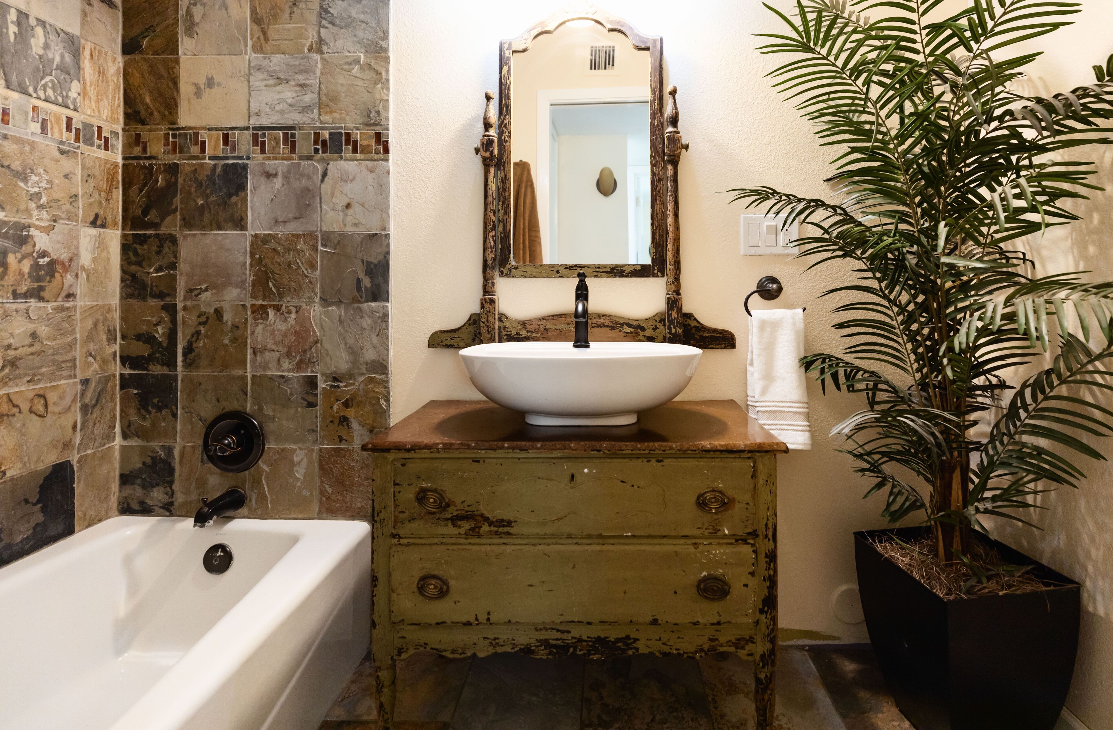 Une salle de bain avec une baignoire, un lavabo avec un miroir et une plante en pot.