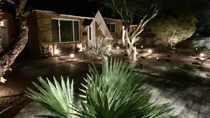 Ein modernes Haus mit gepflasterter Auffahrt, einem gepflegten Garten mit einer großen Agave und einem Baum.