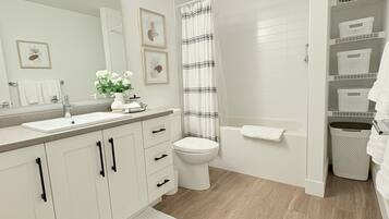 Combined shower/bathtub, hair dryer, towels, shampoo