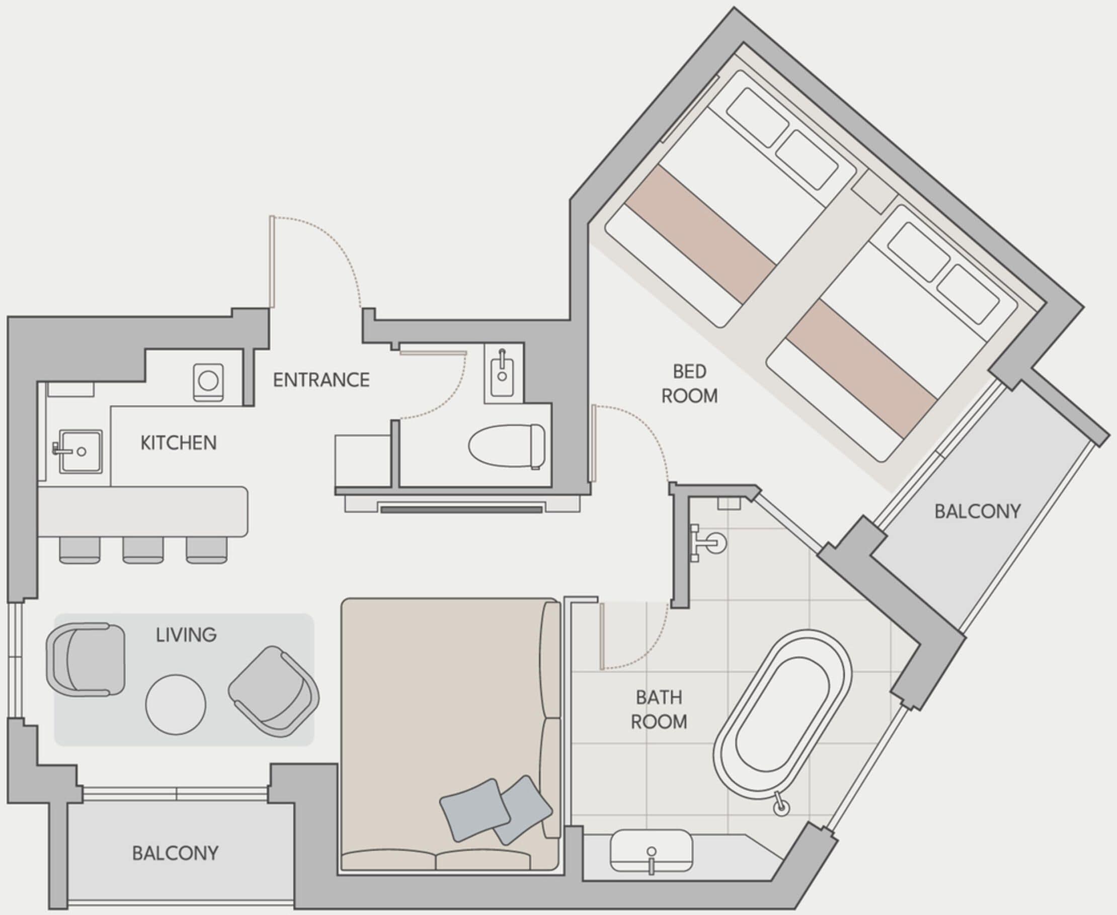 Ein Grundriss mit einer Küche, einem Wohnbereich, zwei Schlafzimmern, einem Badezimmer und einem Balkon.