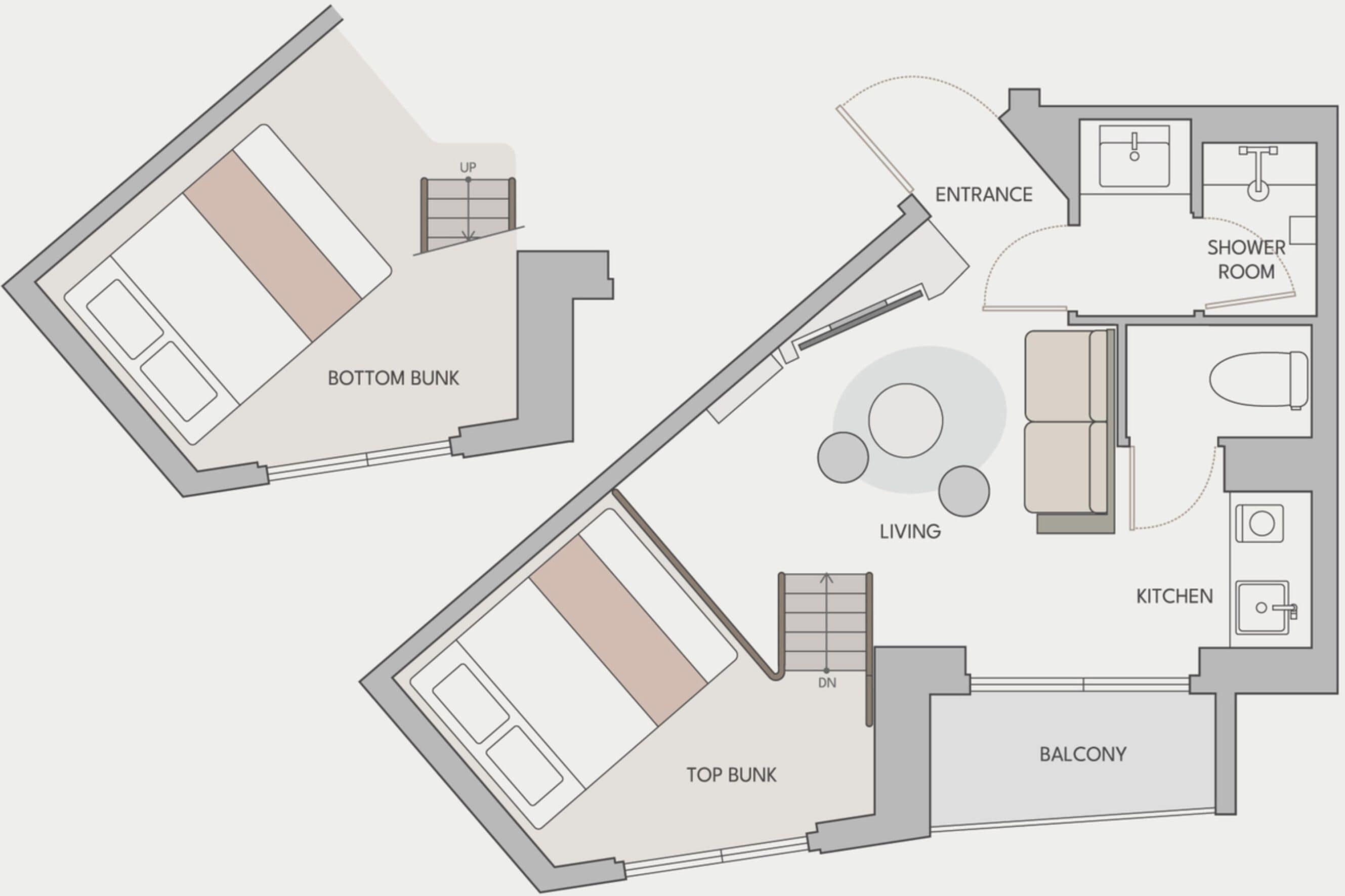 A floor plan with a living area, kitchen, balcony, and two bunk rooms.