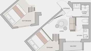 A floor plan with a living area, kitchen, balcony, and two bunk rooms.