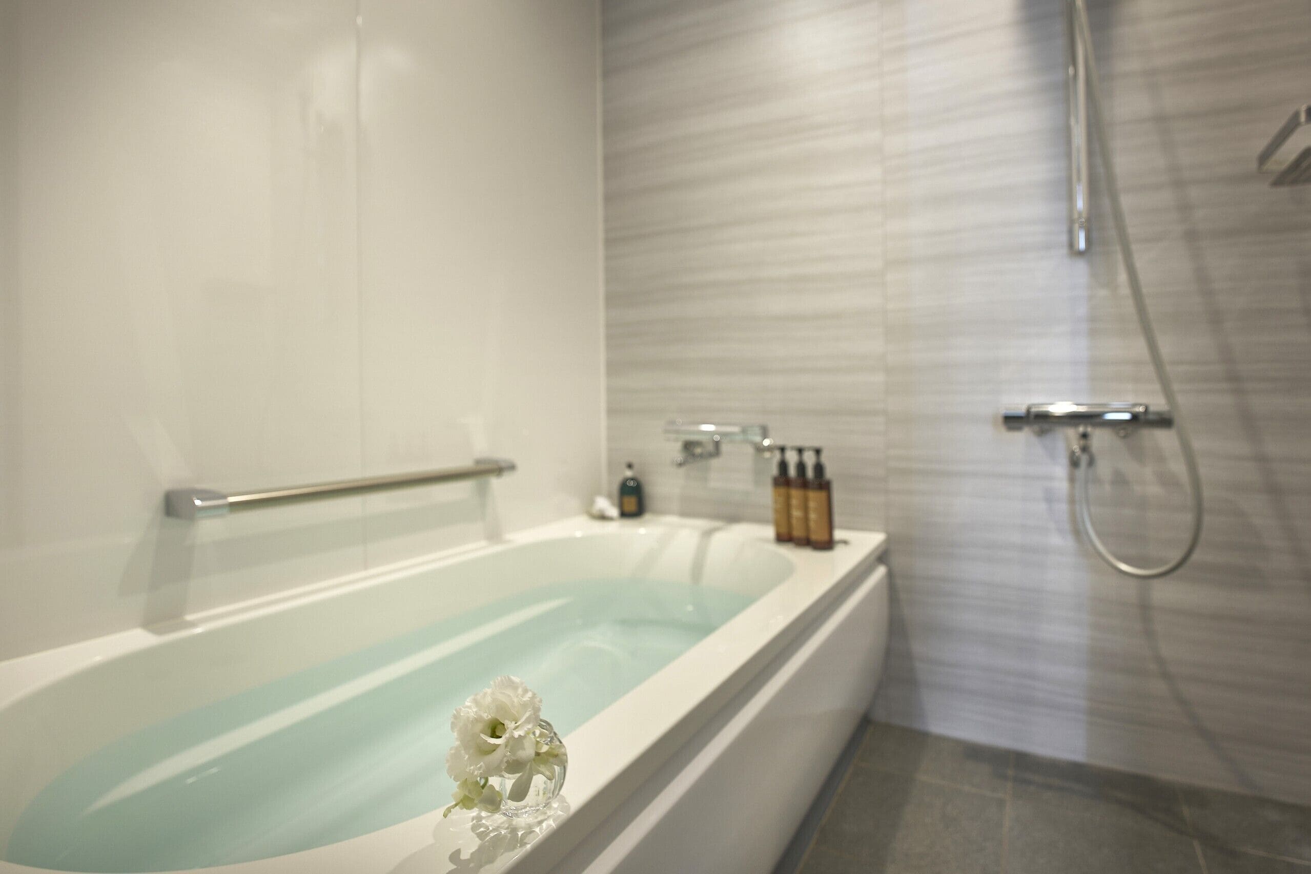 A modern bathroom with a bathtub, a shower, and a glass barrier.