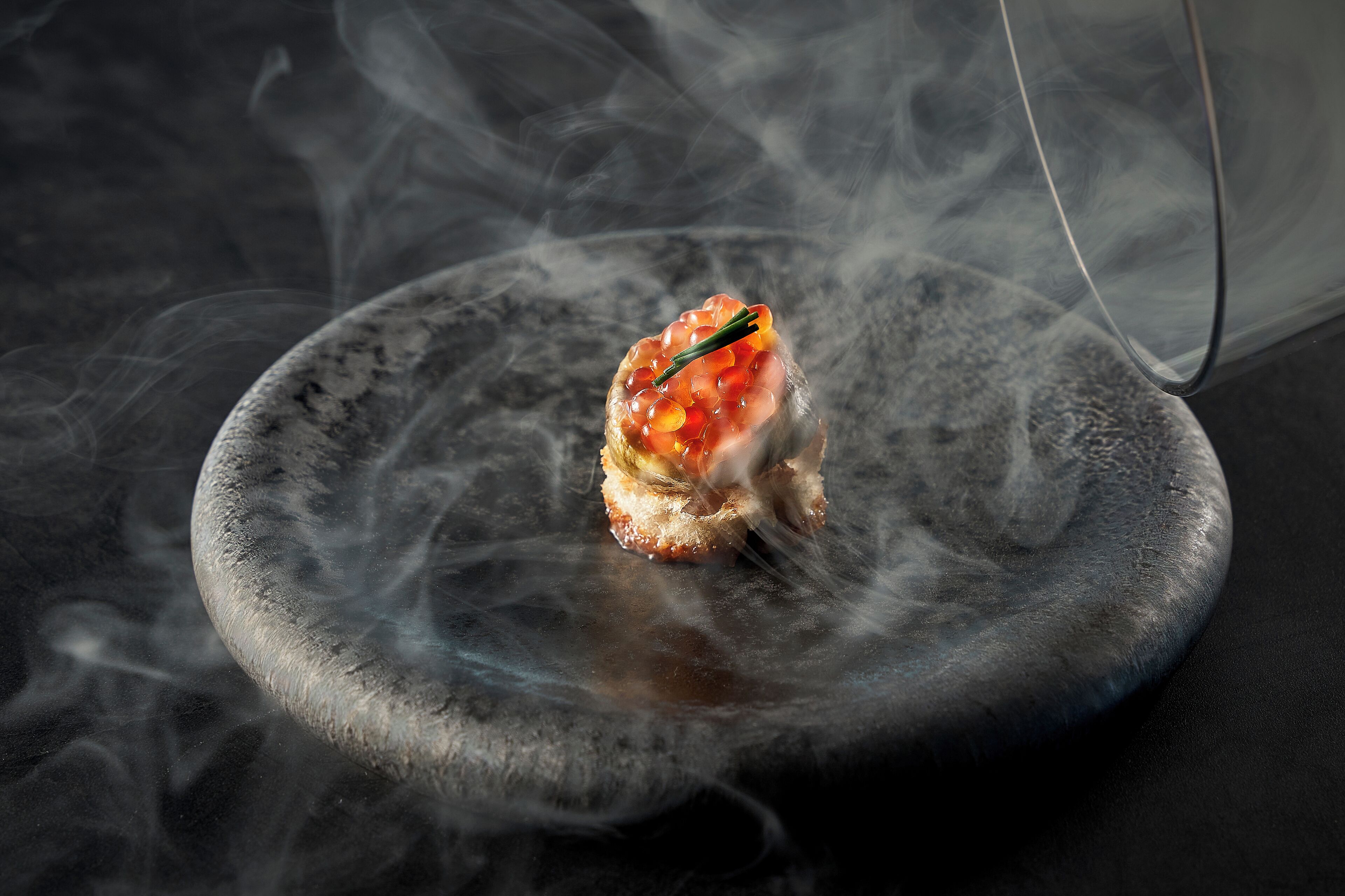 A dish with a garnish on a plate surrounded by smoke.