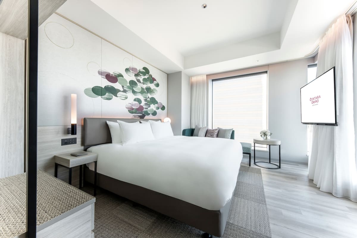 A modern hotel room with a large bed, a flat-screen TV, a wall art piece, and a view of the outdoors.