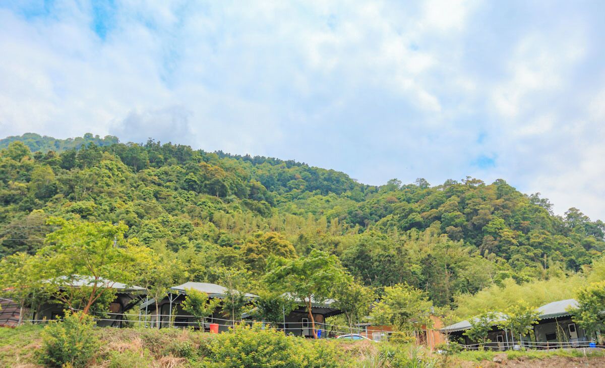 A hillside with several small buildings, likely guest houses or cabins, surrounded by dense forest.