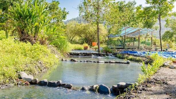 A natural water feature with a small stream, surrounded by greenery and a wooden structure. - Tai Ping Shan Inn (Datong)