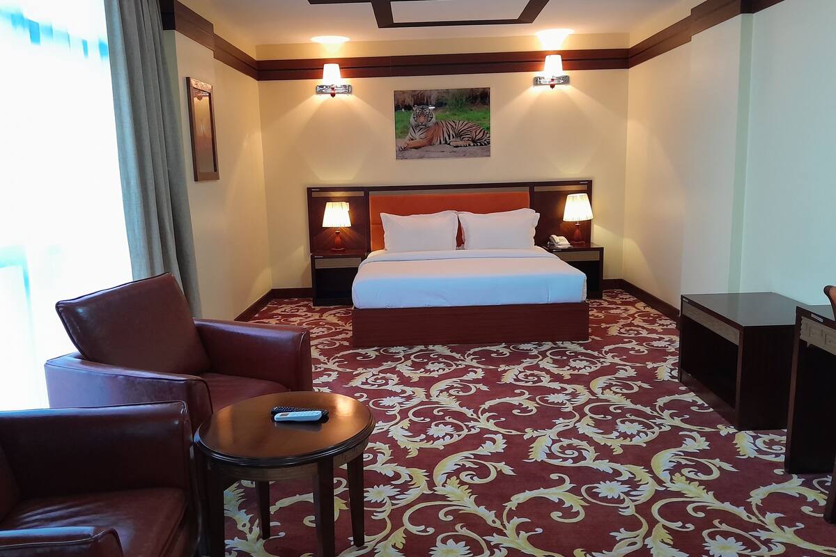 Habitación de hotel con una cama grande, dos mesitas de noche con lámparas, una alfombra roja estampada, un sillón de cuero rojo y una pequeña mesa con un control remoto.