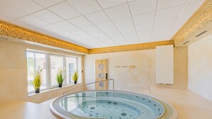 A modern indoor swimming pool with a glass barrier, potted plants, and a view of the outside. - Wellness penzion Lázně Kvilda (Kvilda)