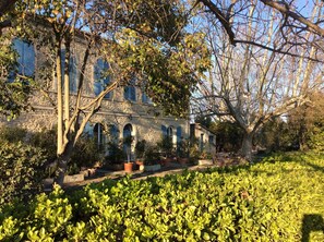 A stone building with arched windows and a garden with various plants.