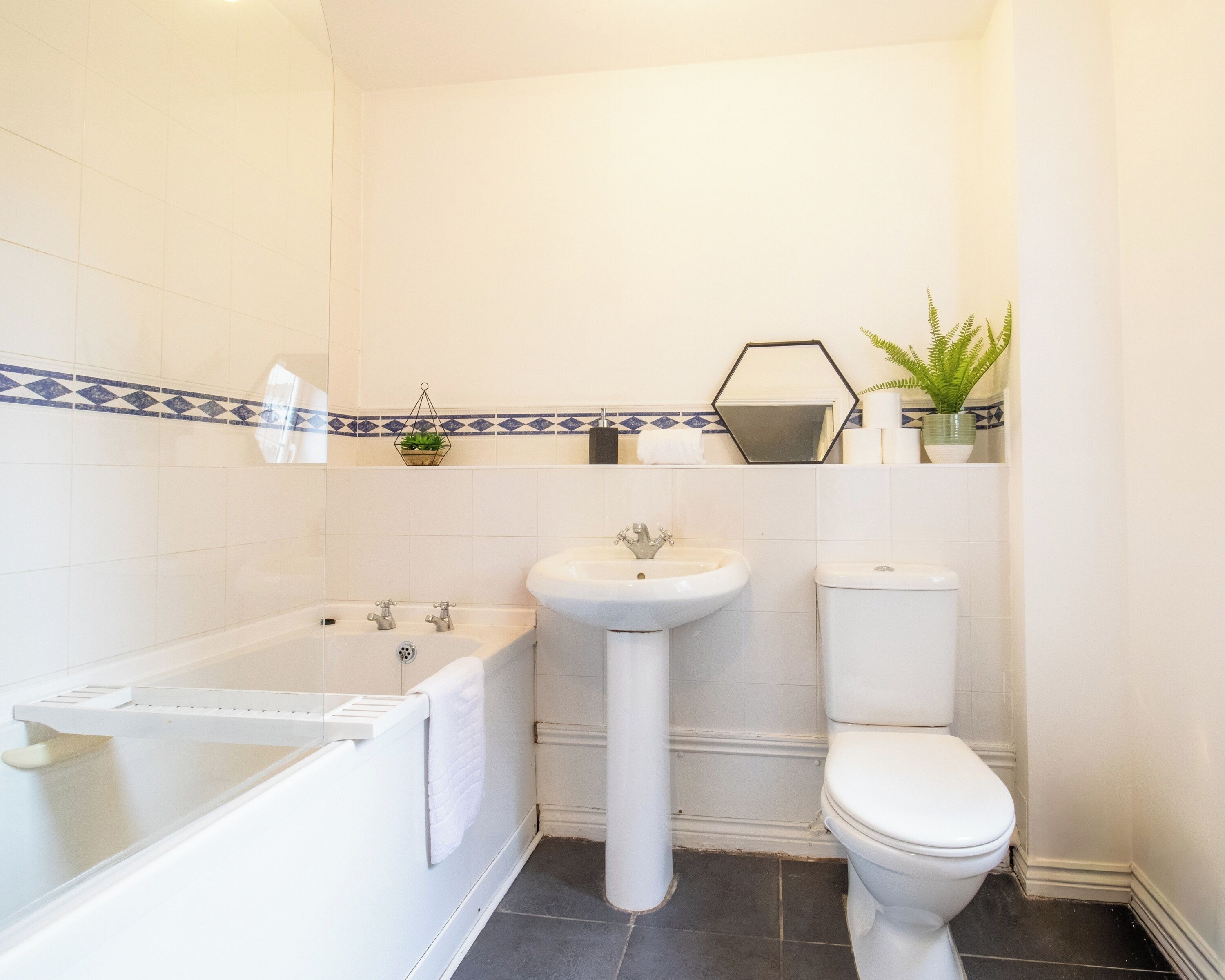 Combined shower/bathtub, hair dryer