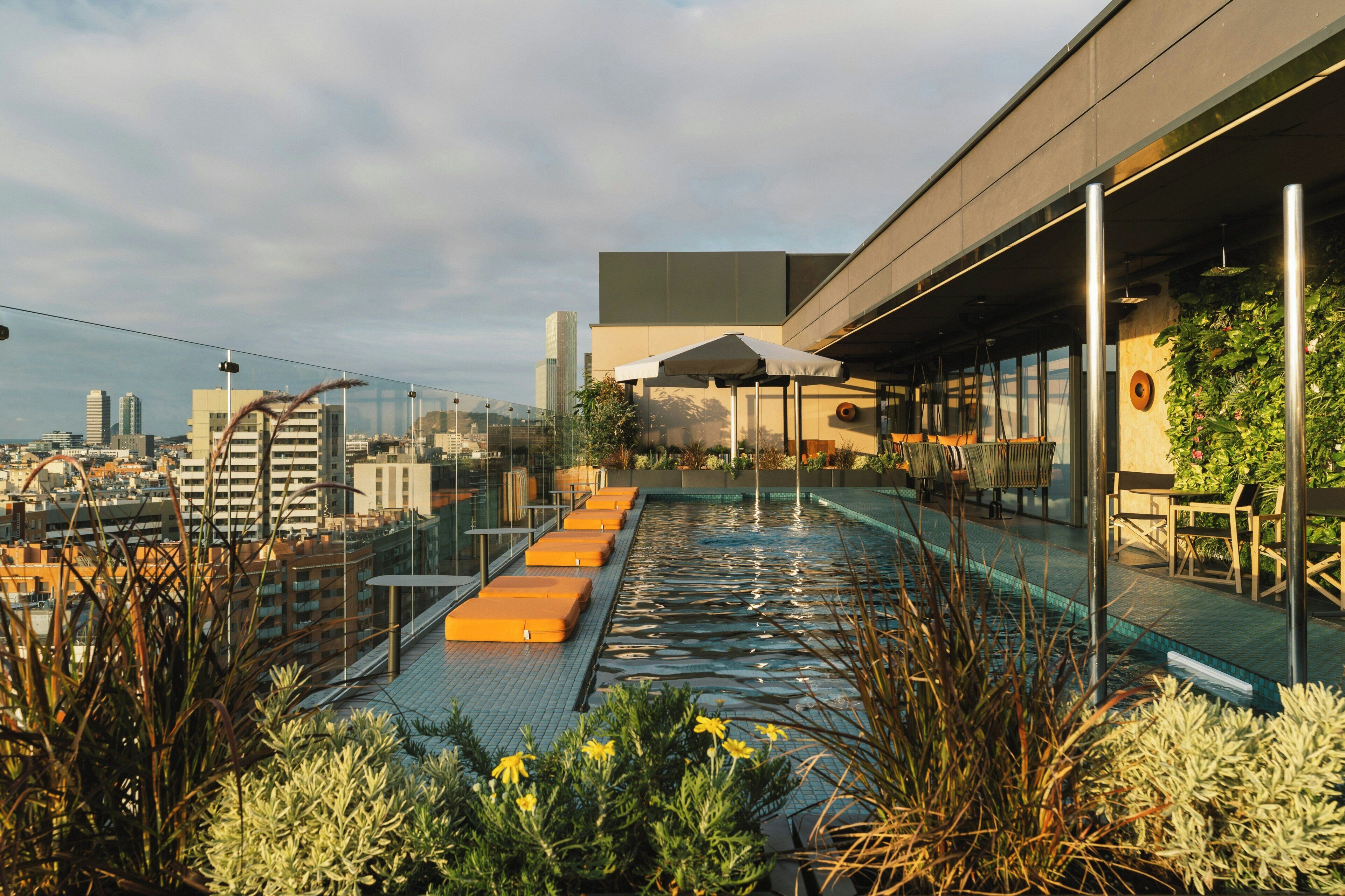 Piscina en la azotea con asientos, rodeada de plantas y con vistas a un paisaje urbano.
