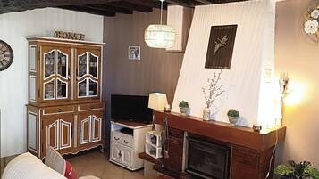 TV connectée, cheminée, lecteur de DVD, table de tennis de table