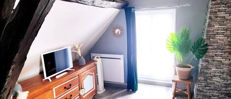 A room with a wooden dresser, a television, a radiator, a window with curtains, and a potted plant.