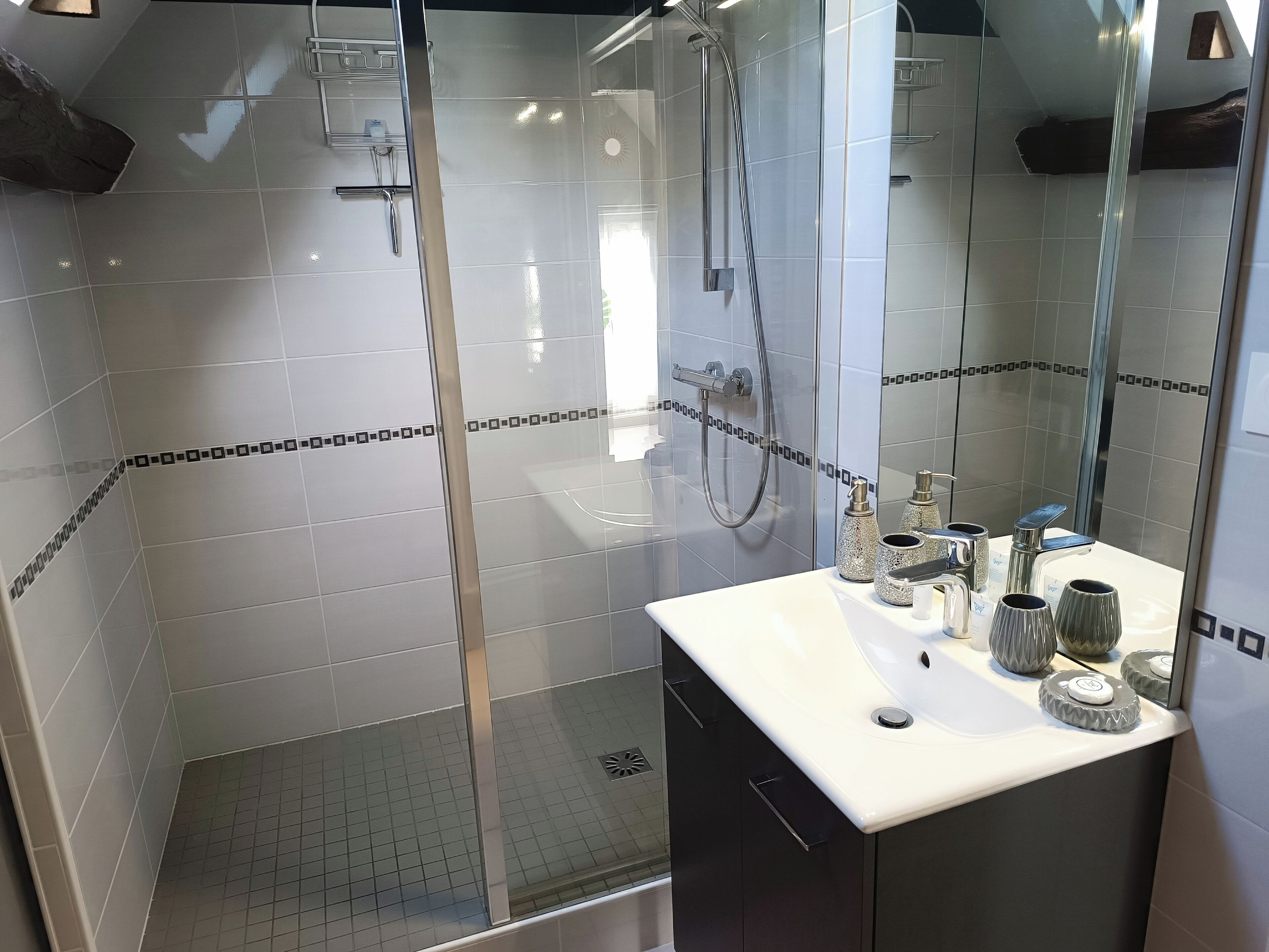 Shower, hair dryer, towels, toilet paper