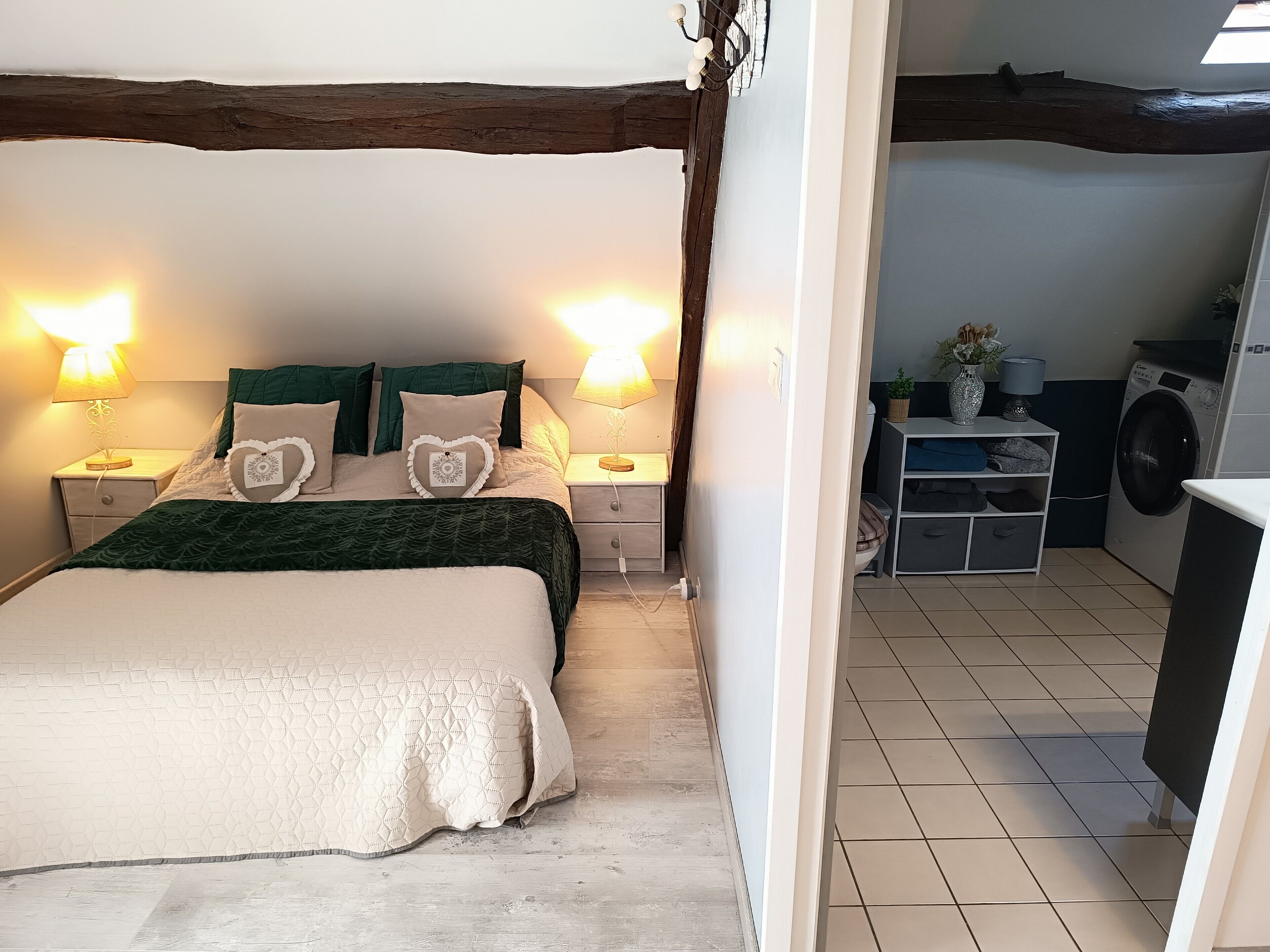 Een slaapkamer met een bed, twee bedlampen, een nachtkastje en uitzicht op een wasruimte met een wasmachine.