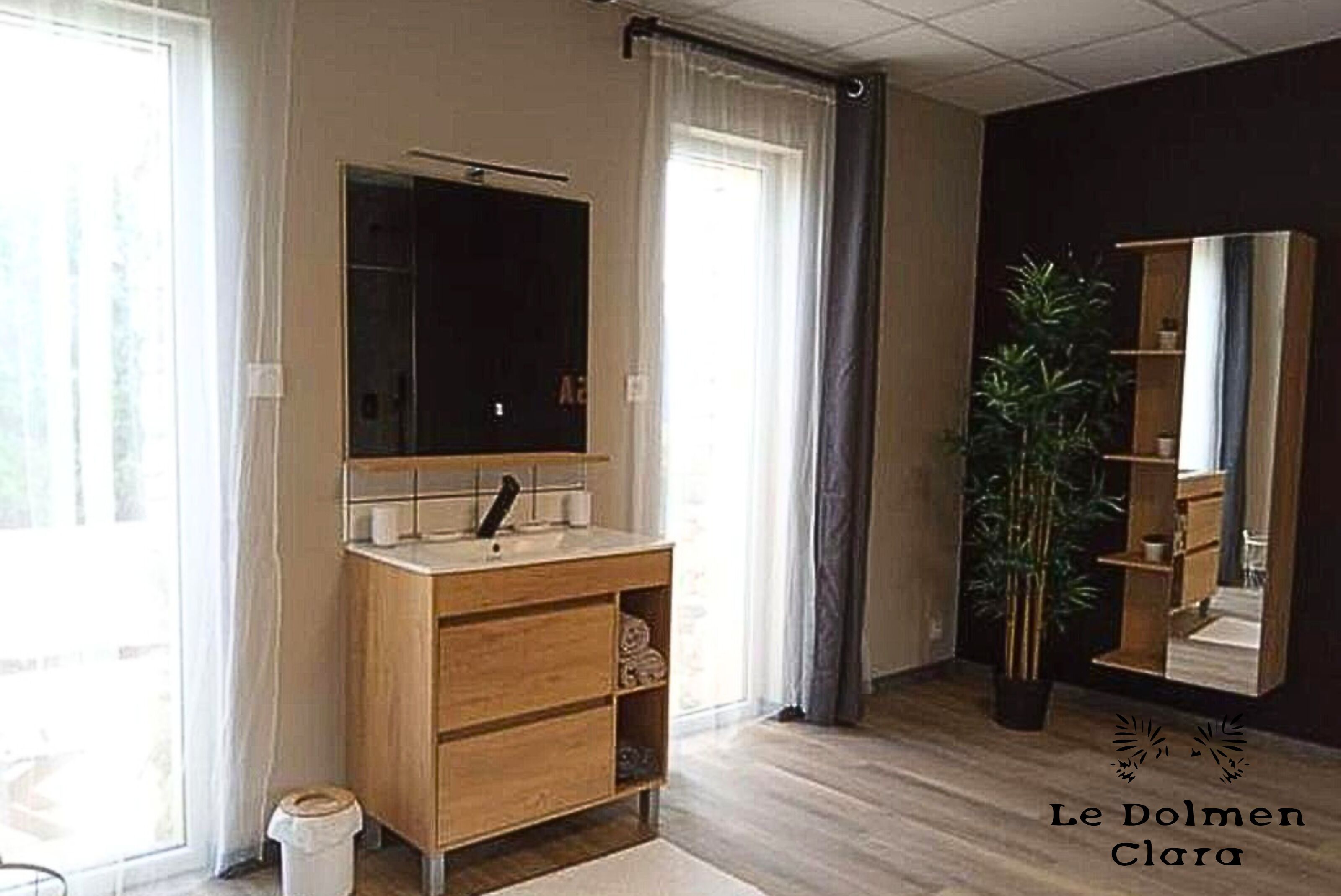 Une salle de bain avec un meuble-lavabo en bois, un grand miroir et une plante en pot.
