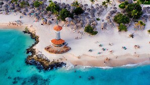 An aerial view of a beach with a central structure surrounded by thatched umbrellas and beach chairs.