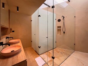 Shower, hair dryer, towels, shampoo