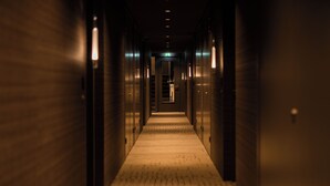 Ein Korridor mit einem gemusterten Teppich, Wänden mit vertikal angebrachten Leuchten und einer Tür am Ende.