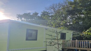 A small, single-story, light green cabin with a wooden deck and a small tree in front. - Glamping Hut - Sleeps 2, hot tub & Parking (Welshpool)