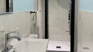 A modern bathroom with a sink, toilet, and glass-enclosed shower. - Henderson Héritage Home (Ottawa)