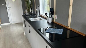 A modern kitchen with a black countertop, stainless steel sink, and a built-in oven. - Glamping Hut - Sleeps up to 4 Hot Tub & Parking (Welshpool)