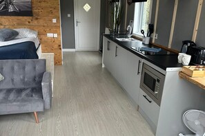 Fridge, microwave, stovetop, electric kettle