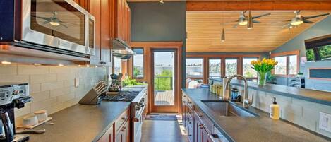 Fridge, coffee/tea maker, cookware/dishes/utensils