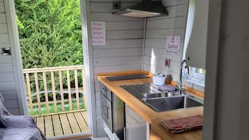 Fridge, microwave, stovetop, electric kettle