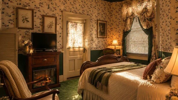 A bedroom with floral wallpaper, a bed with a quilt, a television on a dresser, a fireplace, and a window with curtains. - Bailey Inglish Suite • Private Balcony (Bonham)