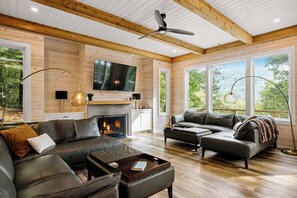 TV connectée, cheminée, livres, espaces bureaux