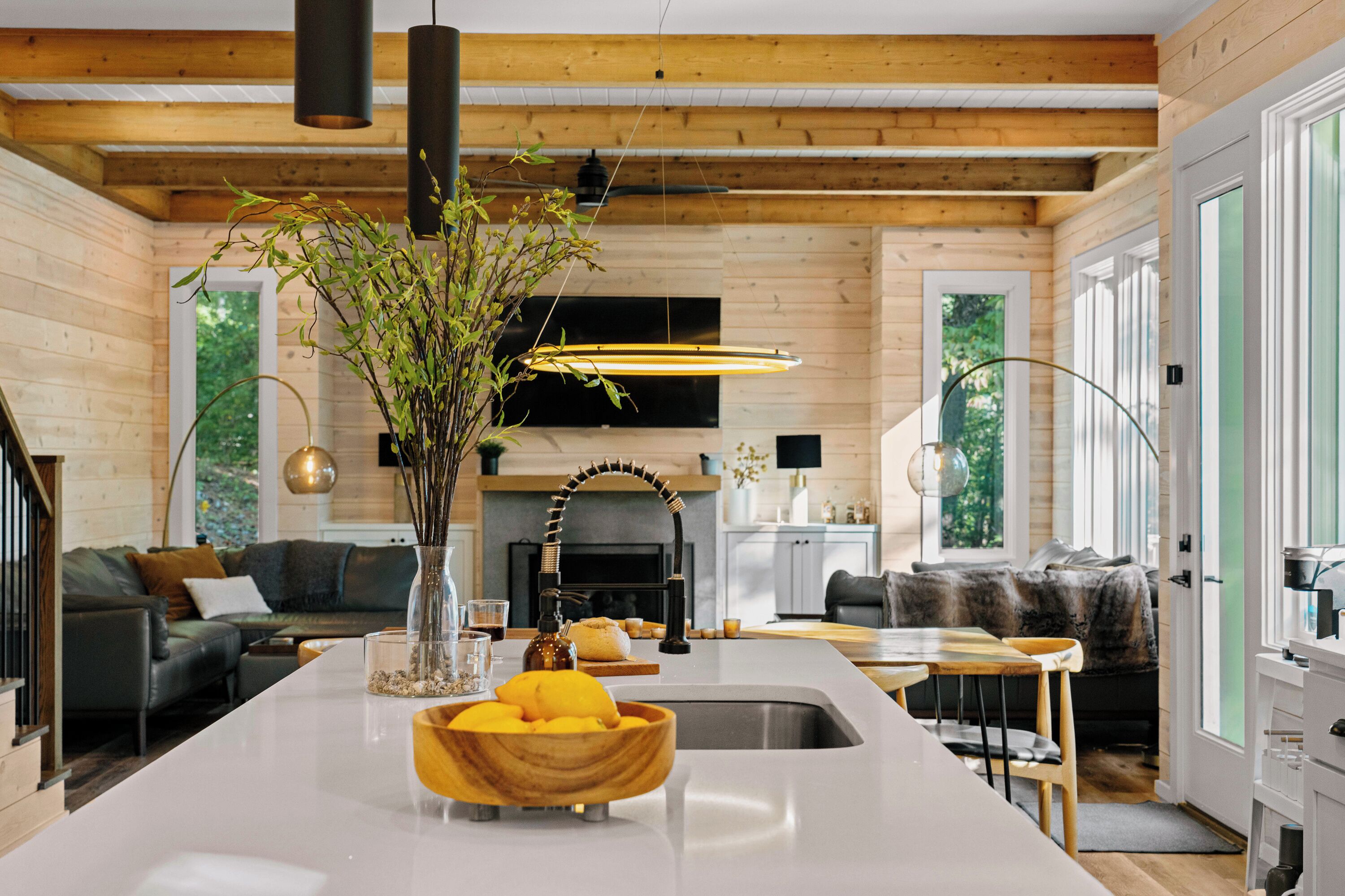 Smart TV, fireplace, books, offices