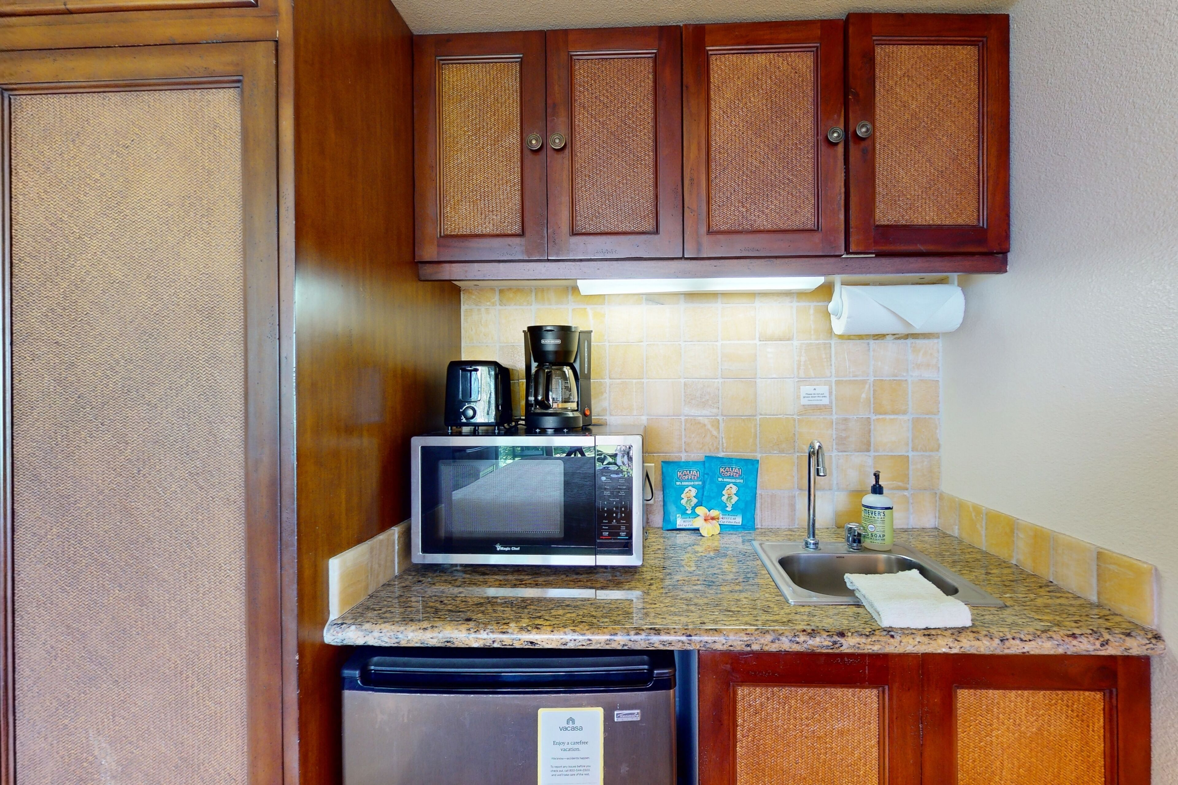 Mini-fridge, microwave, coffee/tea maker, toaster